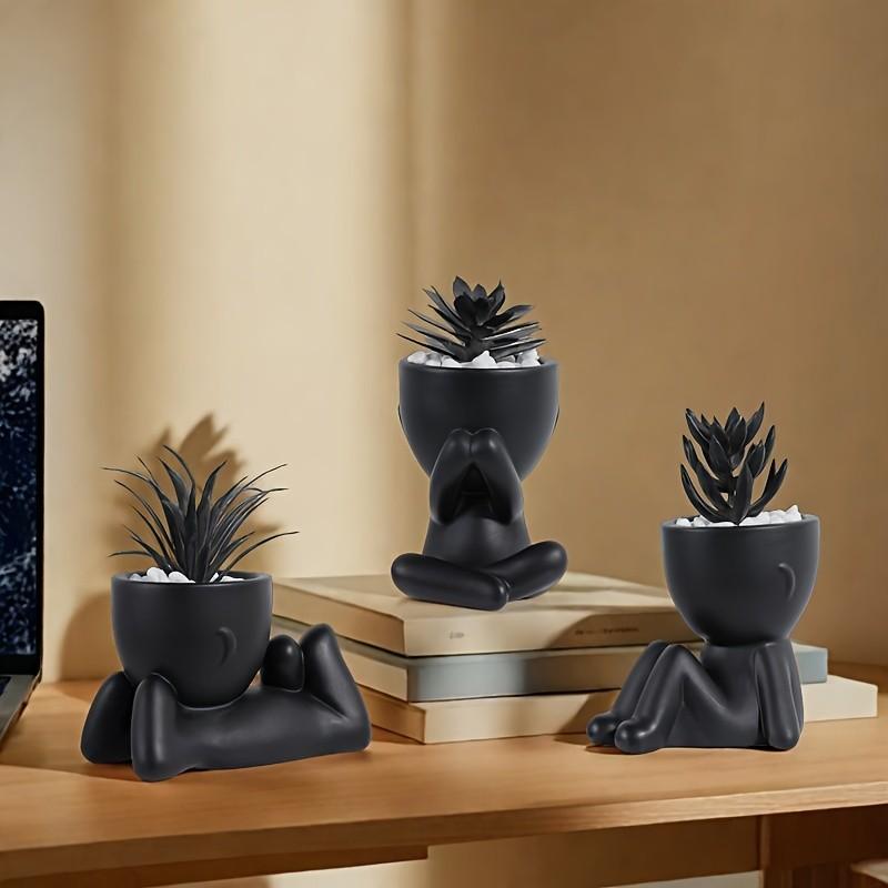 Gothic Artificial Succulent Set - 3 Human-Shaped Mini Planters with Dark Style Succulents, Creepy-Cute Desktop Ornaments for Halloween & Year-Round Decor