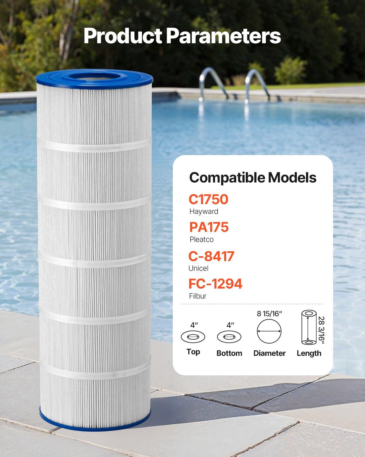 VEVOR Plastic Pool Filter Cartridge (hxgate-004) - Trilobal Fiber, 175 Sq. Ft Energy-Efficient Spa Hot Tub Replacement, 3.40 kg, 245x245x750 mm Pleated Folds, Compatible with Pleatco PA175 Hayward C1750, Kid-Secure, Easy to Clean, Long-Lasting Performance