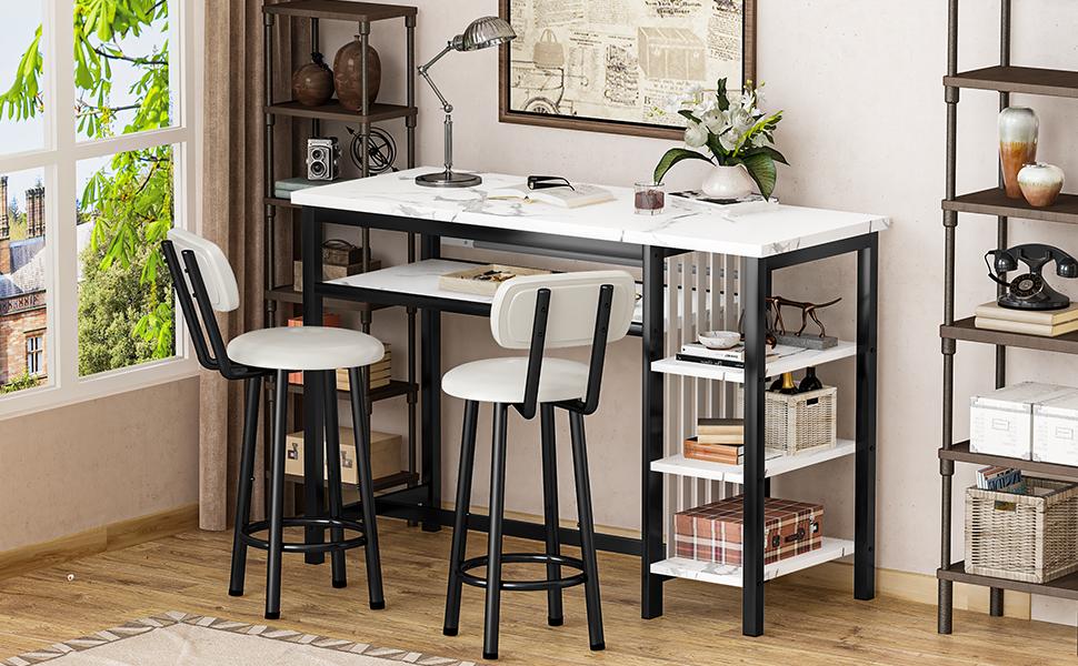AWQM Set of 3 pub table and chairs, Modern White Faux Marble Table with 2 PU Cushion Bar Stools, Kitchen Counter with 3 Tier Storage Shelves, Space Saving Table for Home & Kitchen, Black Frame, Gold Frame AWQM Set of 3 pub table and chairs, Modern White Faux Marble Table with 2 PU Cushion Bar Stools, Kitchen Counter with 3 Tier Storage Shelves, Space Saving Table for Home & Kitchen, Black Frame, Gold Frame