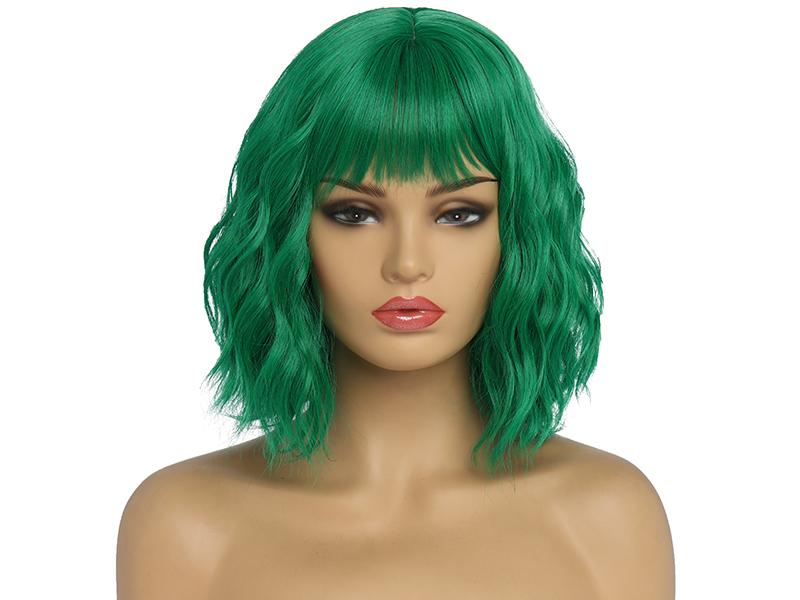 BESTUNG Short Green Wigs for Women Green Wavy Bob Wig with Bangs Medium Length Synthetic Hair Water Wave Dark Roots Wig Gray Colorful Wigs（12inch）