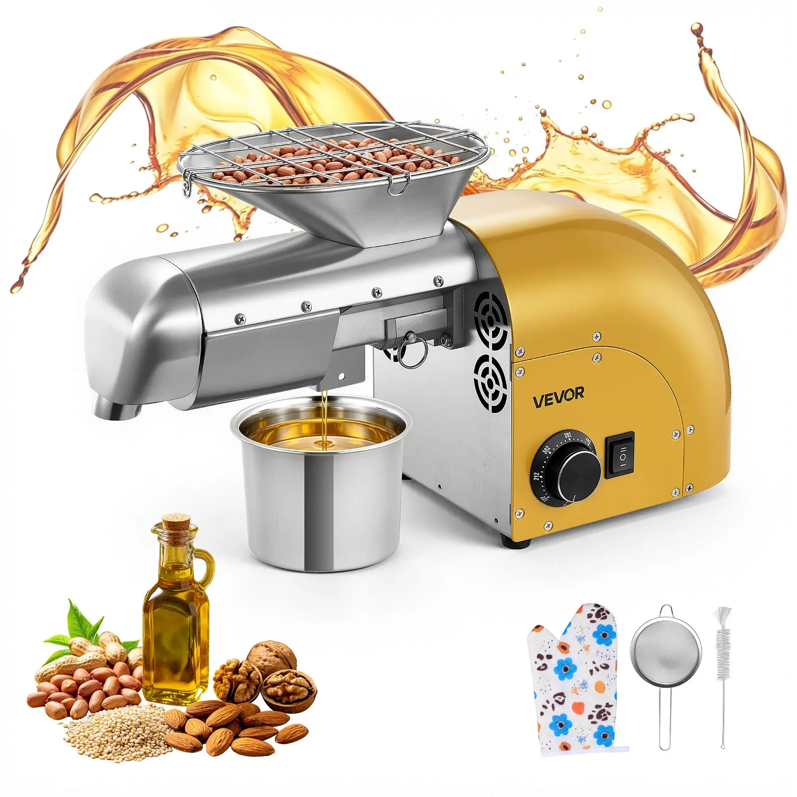 VEVOR Oil Press Machine, 11 LBS/H Capacity, 1250W Oil Extractor Machine, Automatic Electric Oil Maker for Home Commercial Use, 122-572 Hot Cold Pressing for Peanuts Sesames Soybeans Almonds
