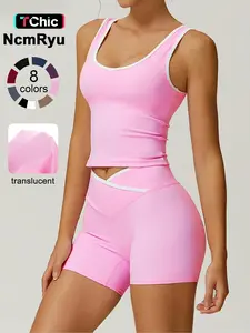 2 piece set women's patchwork high elasticity soft U-neck wide shoulder strap vest cross waist shorts yoga suit set for all seasons running, cycling, hiking, walking fashion set gym sports training versatile vest shorts