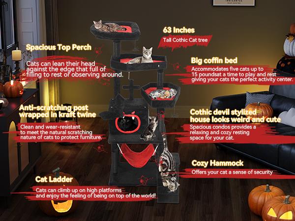 DWVO Gothic Cat Tree with Coffin Bed, 63"/38.6"  Tall Cat Tower for Indoor Cats with Top Perch, Spacious Cat Condos, Spider Hanging Balls,Comfy Hammock, Scratching Post and Ladder, Black Halloween