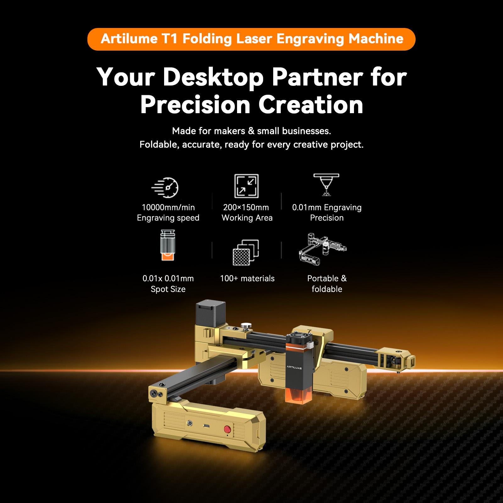 Artilume T1 Foldable Laser Engraver, No Assembly Required, Portable Use Anywhere, 10000mm/min Movement Speed, 0.01mm Accuracy, 200×150mm Working Area for Wood, Leather, Acrylic, and Coated Metal — Ideal for DIY & Small Businesses