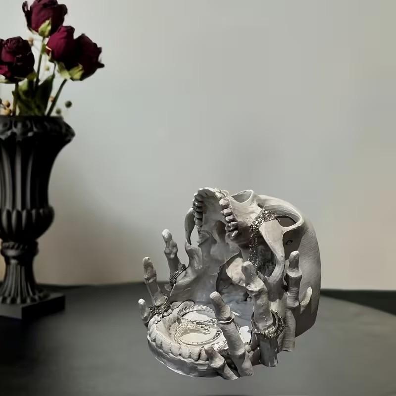 Gothic Halloween Skull Jewelry Box, Resin Desktop Storage Organizer, Multiple Compartments, Necklace Hooks, Ring Earring Holder, Home Decor