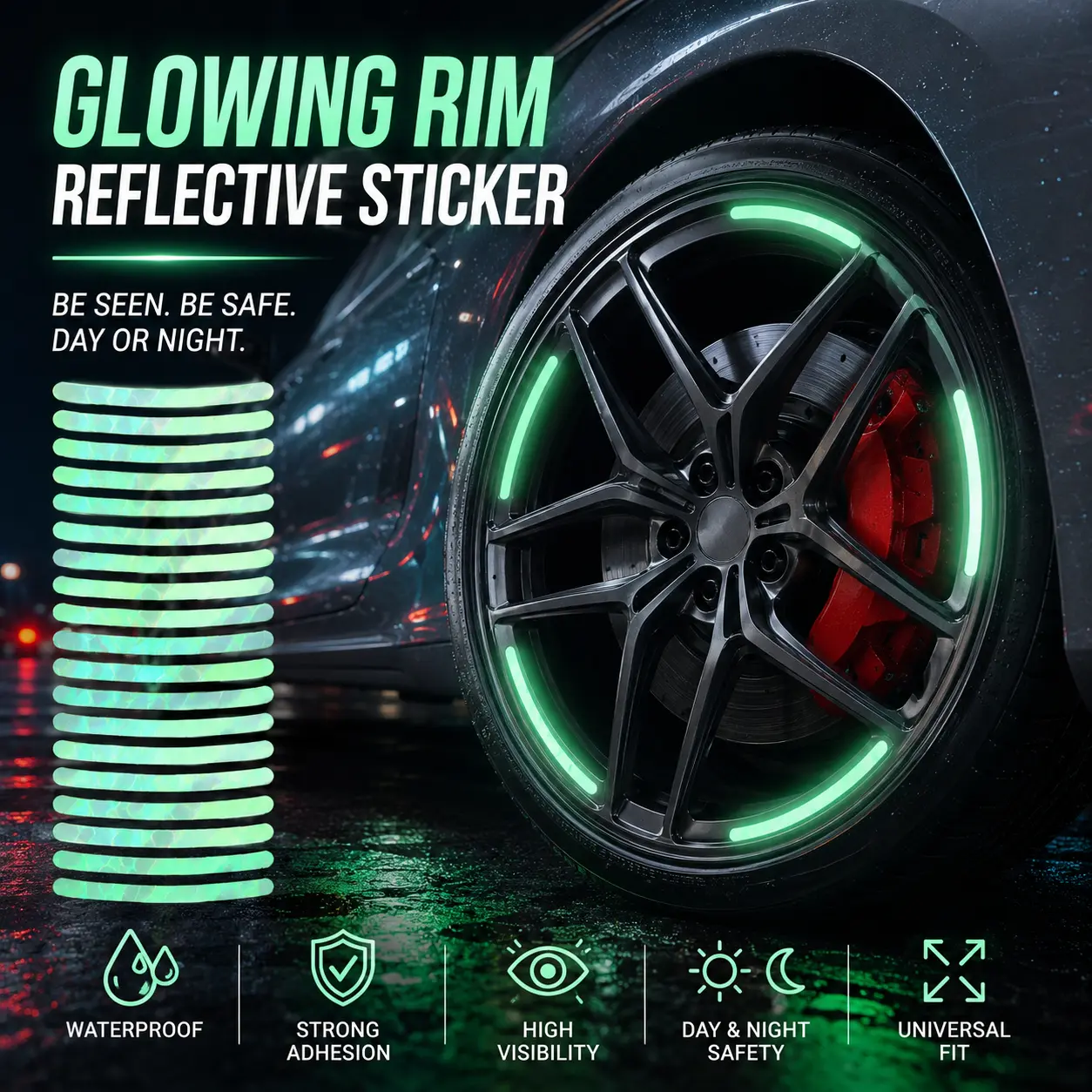 20 pcs Car Wheel Hub Reflective Sticker Night Driving Safety Warning Strip Glow in The Dark Car Wheel Rim Tape Reflective Strip Decal Car Exterior Decoration-YY2