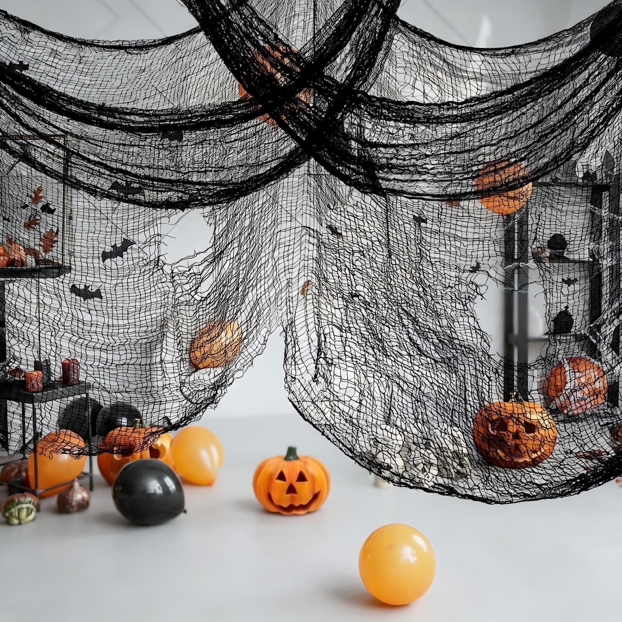 30x72-Inch Spooky Halloween Fabric, Eerie Gauze for Party Decorations, Packs of 2 or 4 with 40 or 80 Spiders, Easy to Use