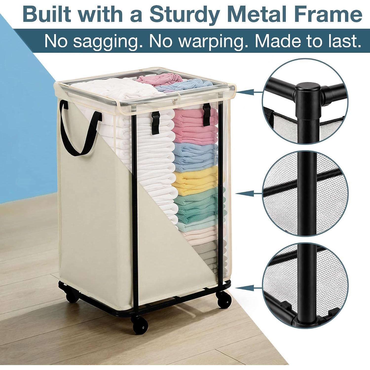 150L Laundry Basket with Wheels and Lid, Large Rolling Laundry Hamper with Removable Divider, Double Compartment Clothes Hamper, Metal Frame, White