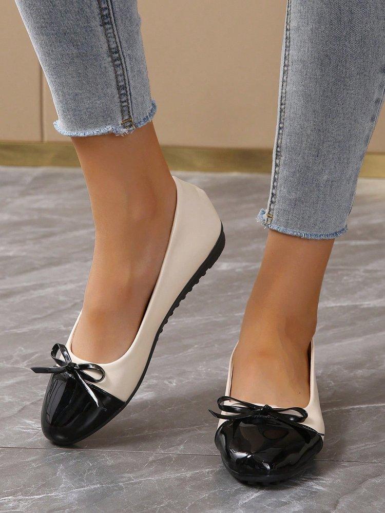 Women's New Black White Color Block Mary Jane Flats Bow Round Toe Comfortable Office Shoes Soft Sole Lazy Shoes