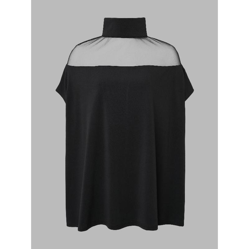 UOOZEE Women's Batwing Sleeves See-Through High-Neck Blouse – Minimalist, Casual Comfort for Everyday Wear casual long sleeve knit top The size is too big, it is recommended to order a smaller size Fit Shirts Black Womenswear Basic Check Turtleneck Loose