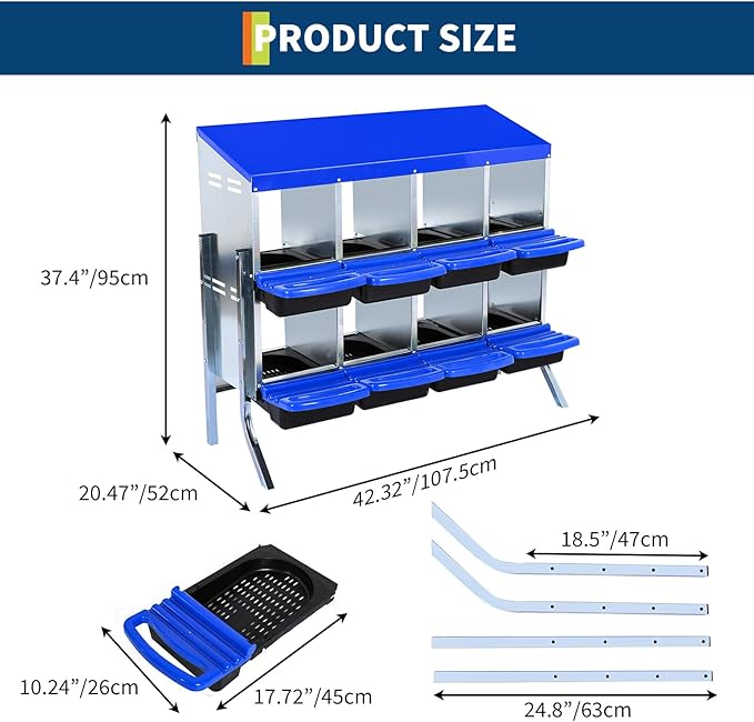 Chicken Nest Box, Rollaway Chicken Nesting Box, 2-Tiers Large Mental Hen Roll-Off Layer Box with Extra Large Openings, Resting Platform, Waterproof Sloped Roof, Easy Clean Removable Tray