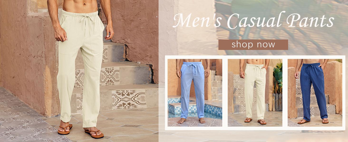 Runcati Mens Casual Linen Pants Loose Fit Elastic Drawstring Waist Straight-Legs Summer Yoga Beach Long Pants