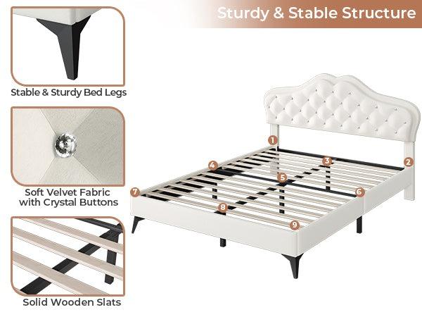 Sikaic Princess Velvet Upholstered Platform Bed Frame with Adjustable Crystal Button Headboard and RGB LED Lights Creamy White Furniture Design Home Pink