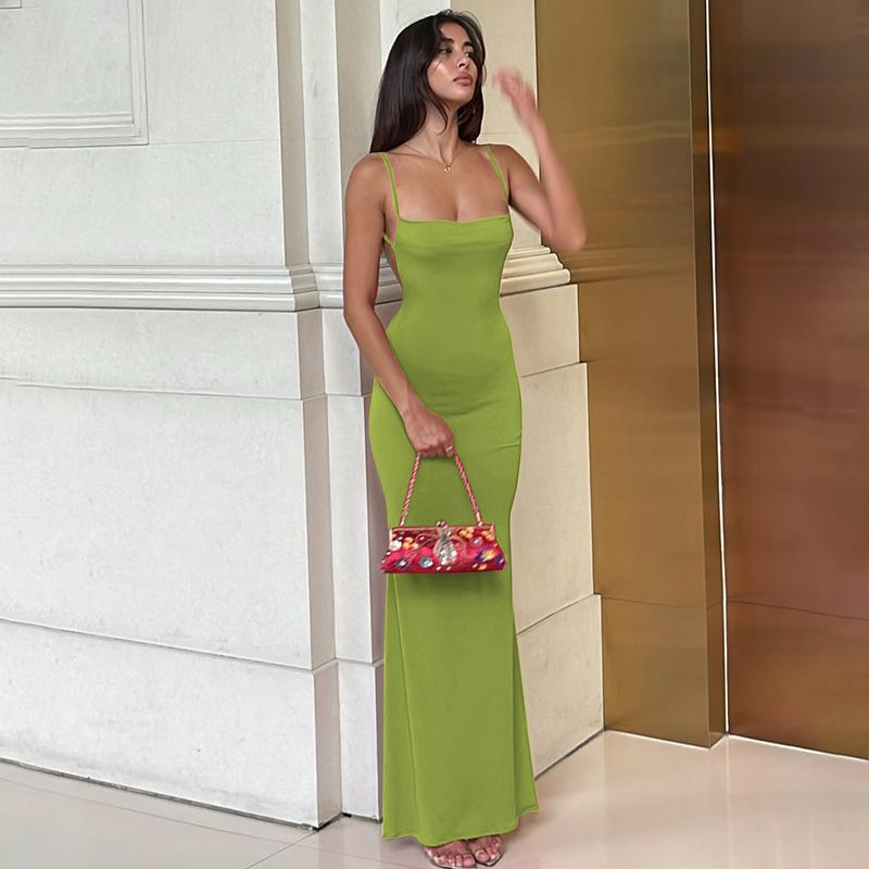 Women's Solid Spaghetti Strap Backless Bodycon Cami Maxi Dress Sleeveless Long Dress for Party Club Elegant Casual Holiday Vacation Dresses