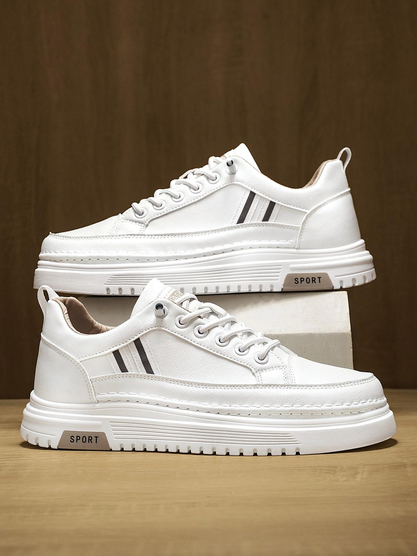 Men's Summer Thick Sole Sneakers, Simple Striped Casual Board Shoes, Soft Leather Breathable Lightweight, Height Boosting Slim Fit, Versatile Daily Wear