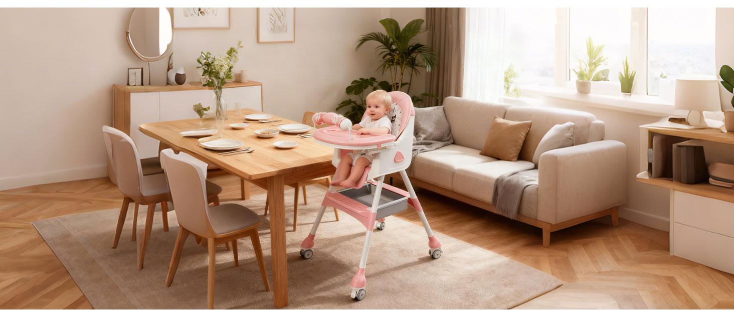 3-in-1 Adjustable Baby High Chair with Locking Wheels, Portable Highchair for Ages 6 Months to 3 Years, Multi-Functional Baby Seat, Rocking Chair, Booster Seat, Easy Folding