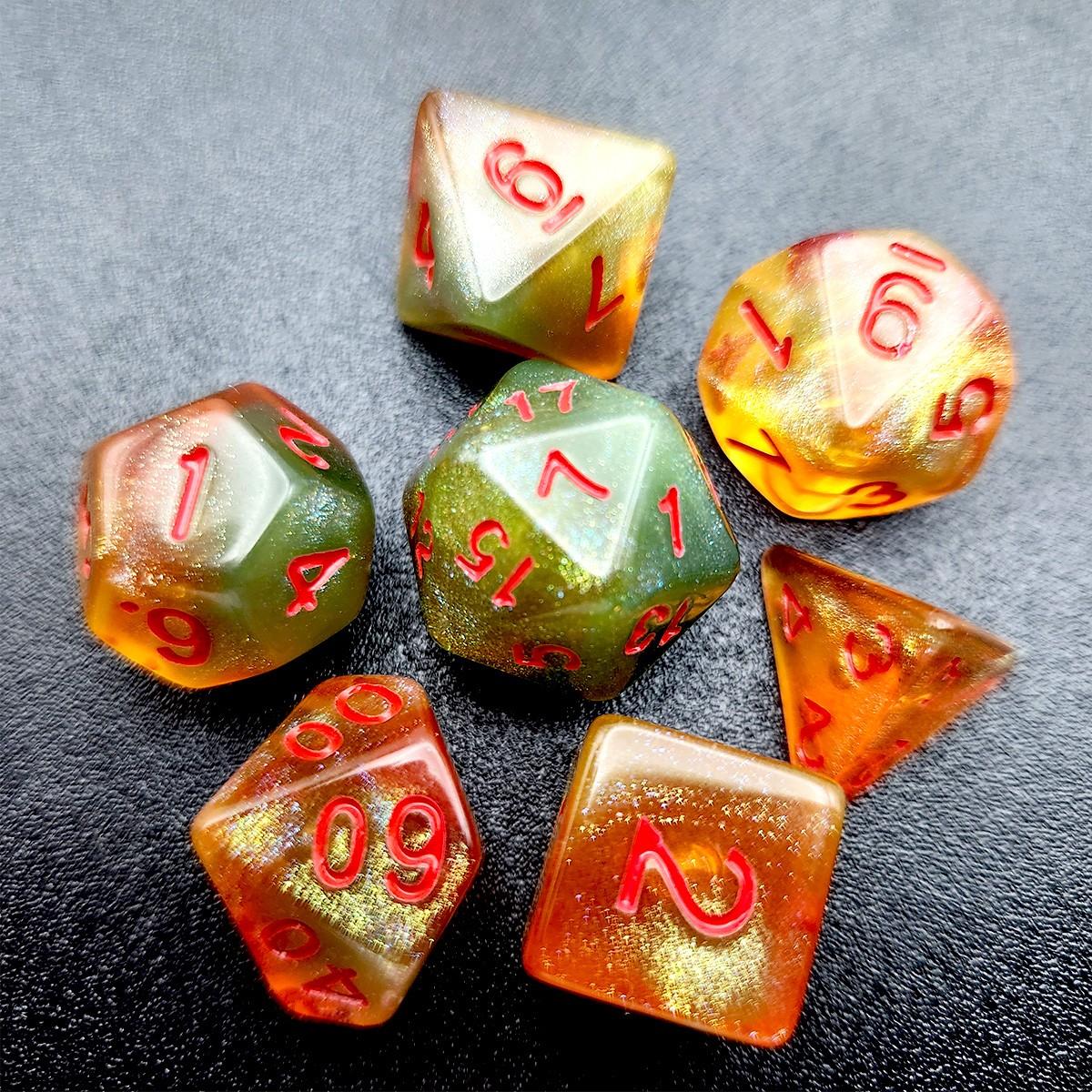 7PCS Polyhedral Dice Set, Green Orange Red DND Dice with Red Numbers, RPG Dice for Dungeons and Dragons, D&D, Pathfinder, MTG, Tabletop Games