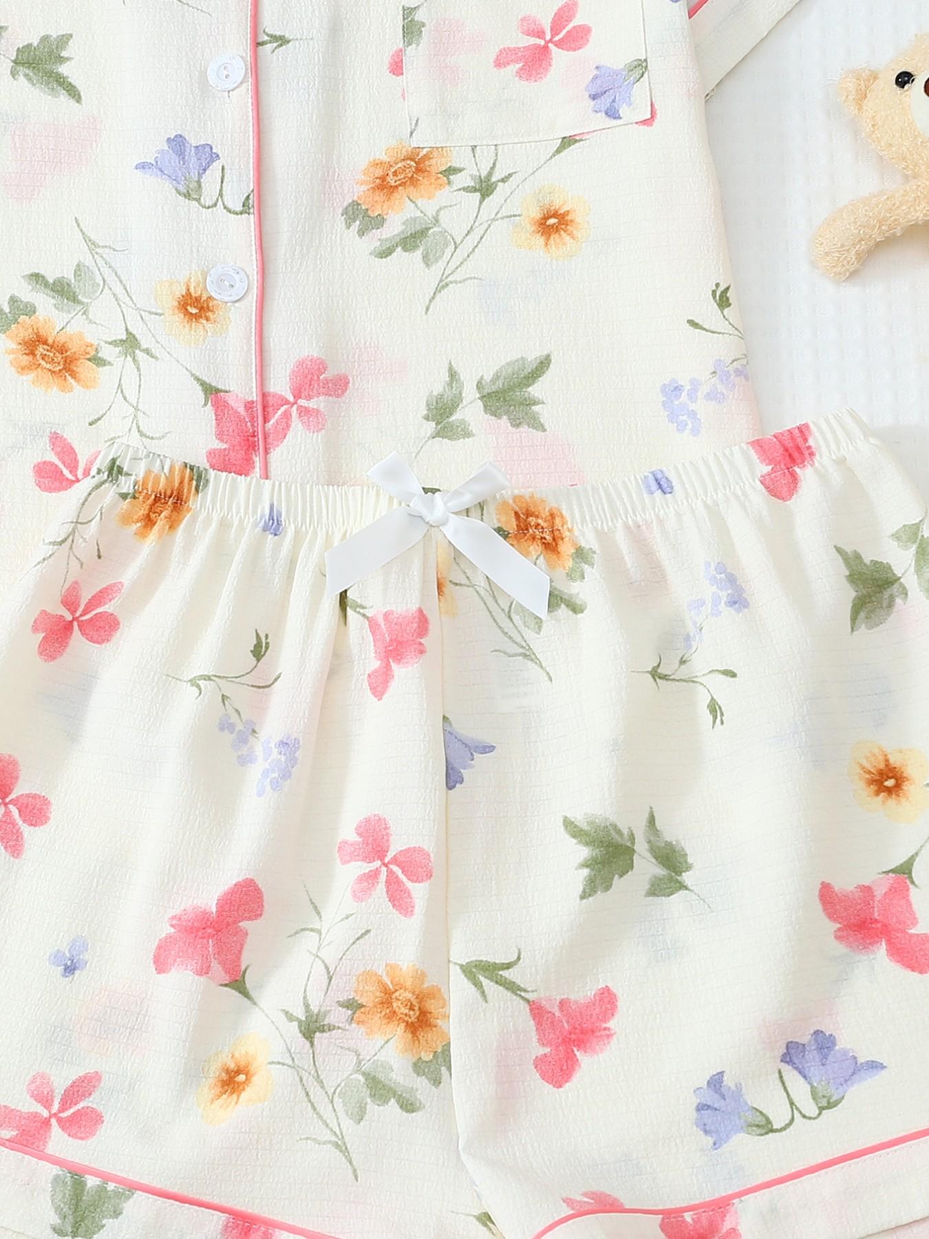 Women's Short Sleeve Button Down Top and Shorts Pajama Set, Spring Summer Wear, For Forest Style Literary Girls, Cream Base Natural Ditsy Floral Print, Classic Lapel Collar, Loose Fit, Comfortable For Home & Short Trips