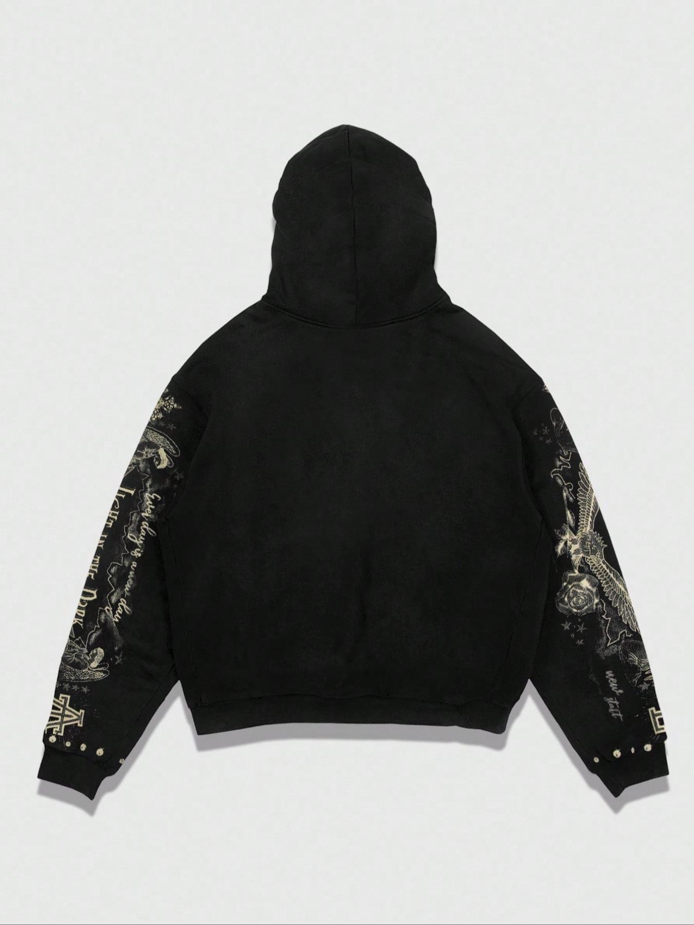 Men's Street Life Men's street style graphic lettering and religious figure Jesus print zip-up hoodie for fall and winter