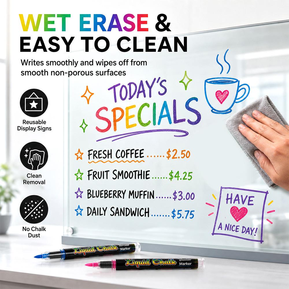 12/24 Color Erasable Liquid Chalk Marker, Soft Tip Fluorescent Glass Blackboard Pen, Dust-Free Wet-Erasable Washable Markers, Ideal for Holiday Decorations