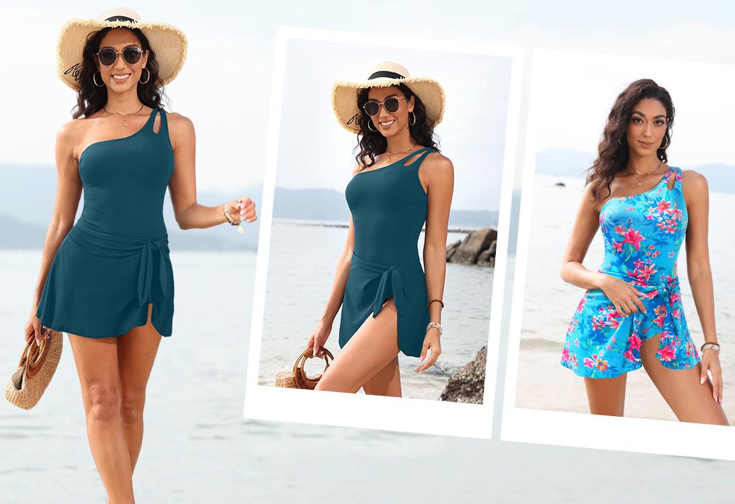 Daci One Piece Swim Dress - Women One Shoulder Tummy Control Swimsuit with Skirt Skirted Bathing Suit Swimdress