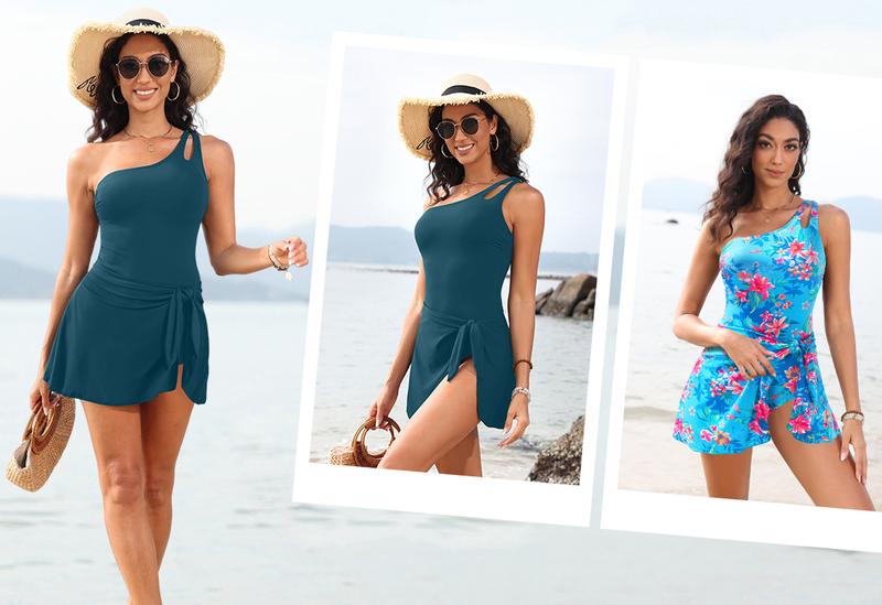 Daci One Piece Swim Dress - Women One Shoulder Tummy Control Swimsuit with Skirt Skirted Bathing Suit Swimdress