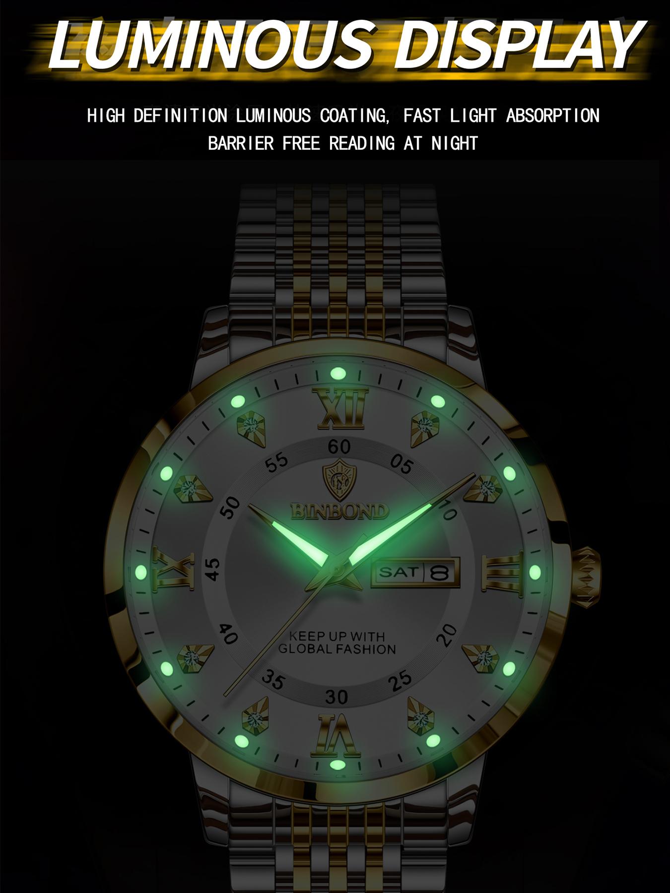 Binbond Waterproof Luminous Men's Watch, Automatic Self-Wind Quartz Wristwatch, Calendar Date Week Display, Trendy Fashion Timepiece