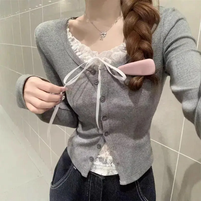 Women Y2K Gray Knit Cardigan Long Sleeve Lace Trim Ribbon Slim Sweet Korean Style Cropped Cardigans Casual Fashion Elegant Tops
