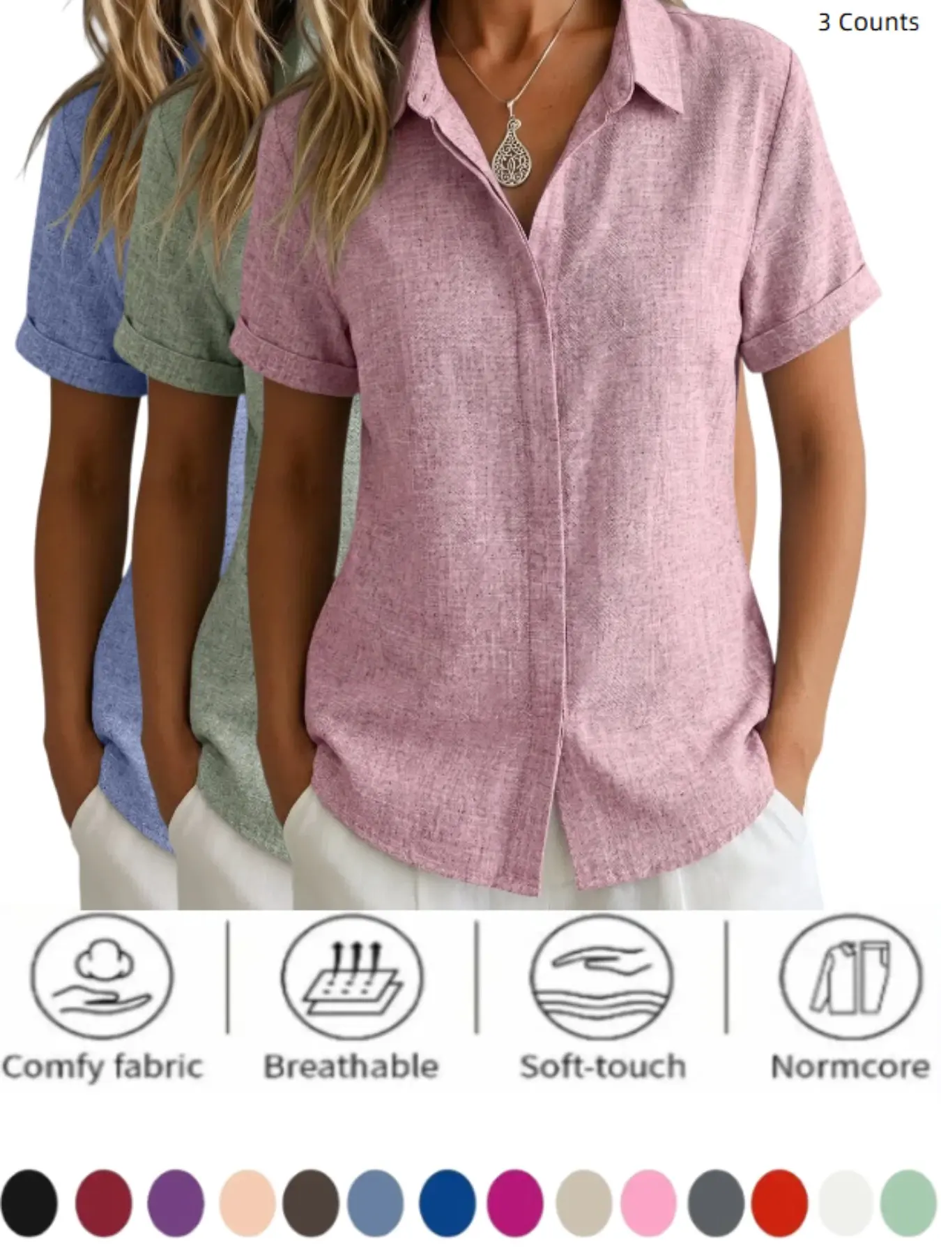 Women's Short Sleeve Shirt with Collar, Casual Loose-Fitting Button-Up Top, Plain Surface, All Seasons, Unlined, China Made