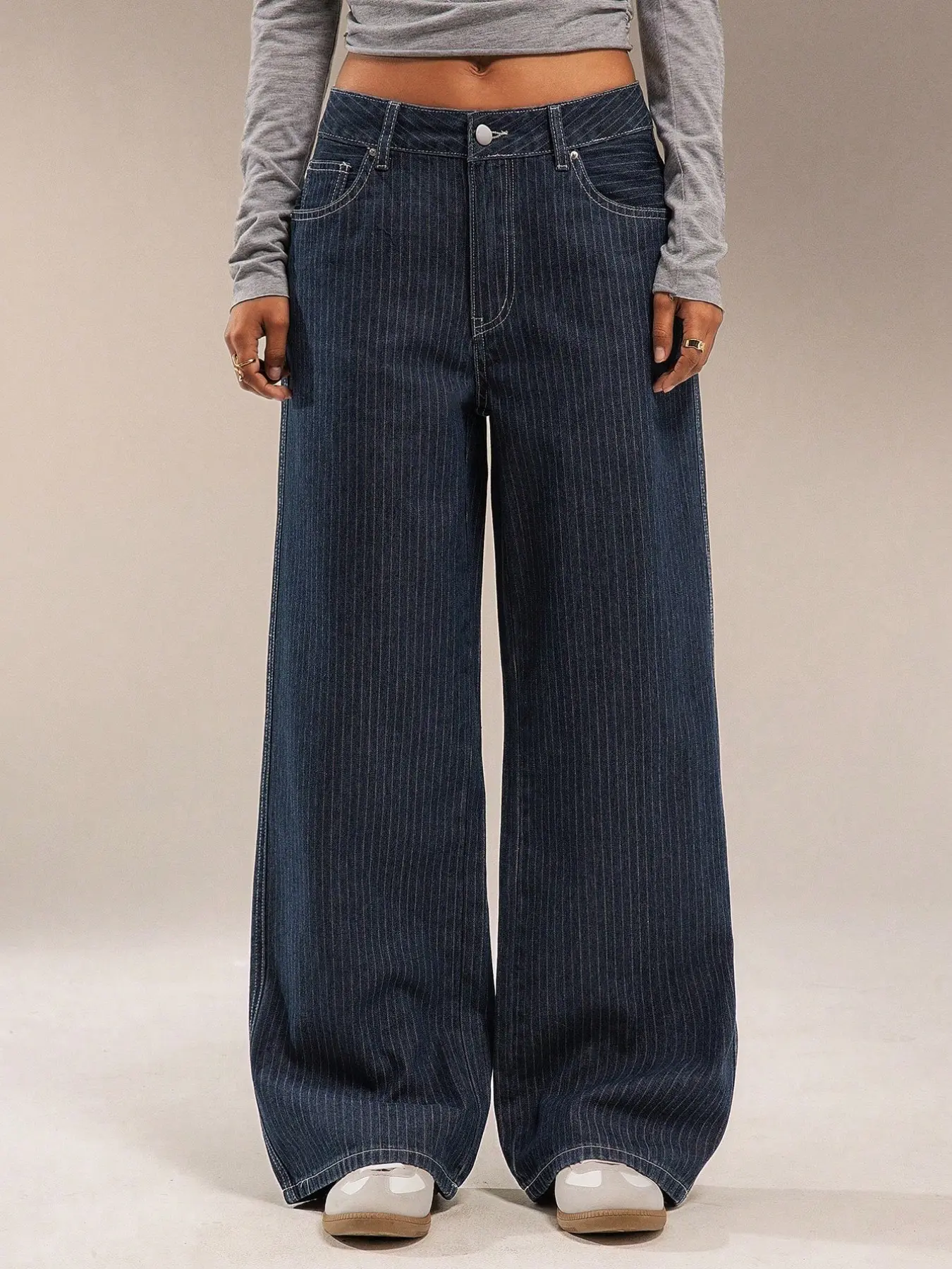 Y2K Vintage Pinstripe Dark Blue Jeans for Women | Loose Slimming Straight Wide Leg Baggy Pants