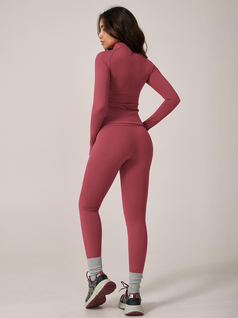 Women's Fleece Lined Sportswear Set, Yoga Clothes Set, Yoga with Stand Collar Zipper Thumb Hole Long Sleeve Top High Waist Tight Pants