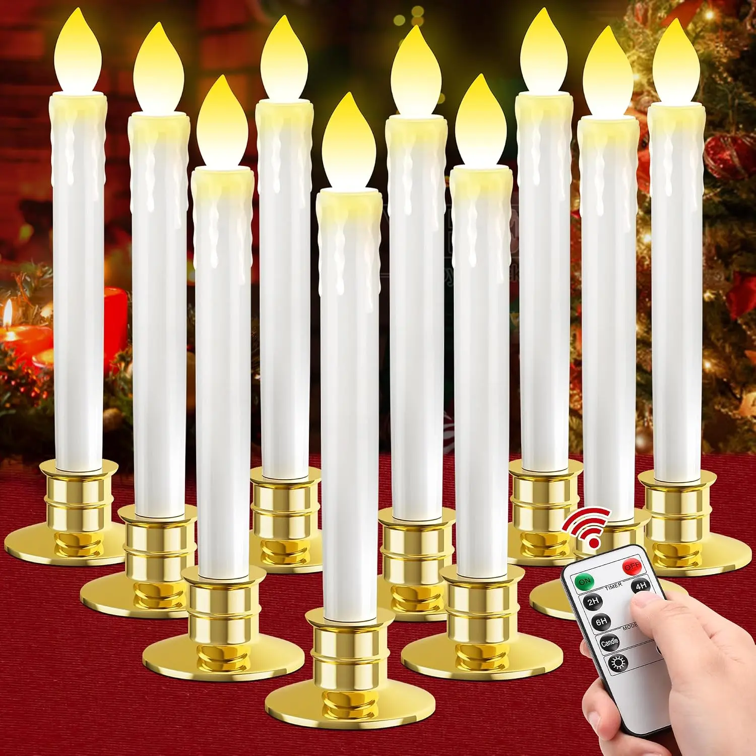 10 Pack Christmas Window Candles with Remote:  Operated LED Candles with Drip Texture with Timer - Flickering Flameless Candles with Candlesticks for  Decor Christmas Halloween Wedding