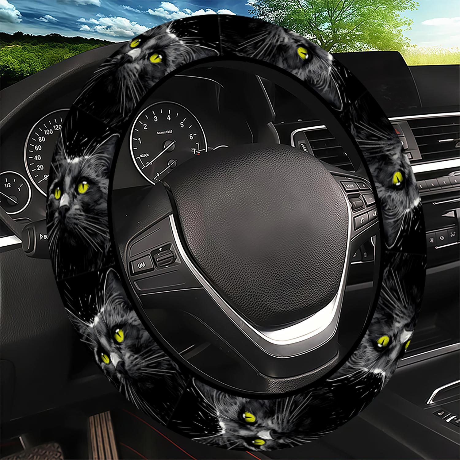 Mysterious Black Cat Eyes Pattern Steering Wheel Cover, Dark Sleek Style - Fit Car Interior Accessory, Durable Material, No Inner Ring, For All Seasons Automotive Accessories, Best Festive Gift Item For Family.11.25QWA-658