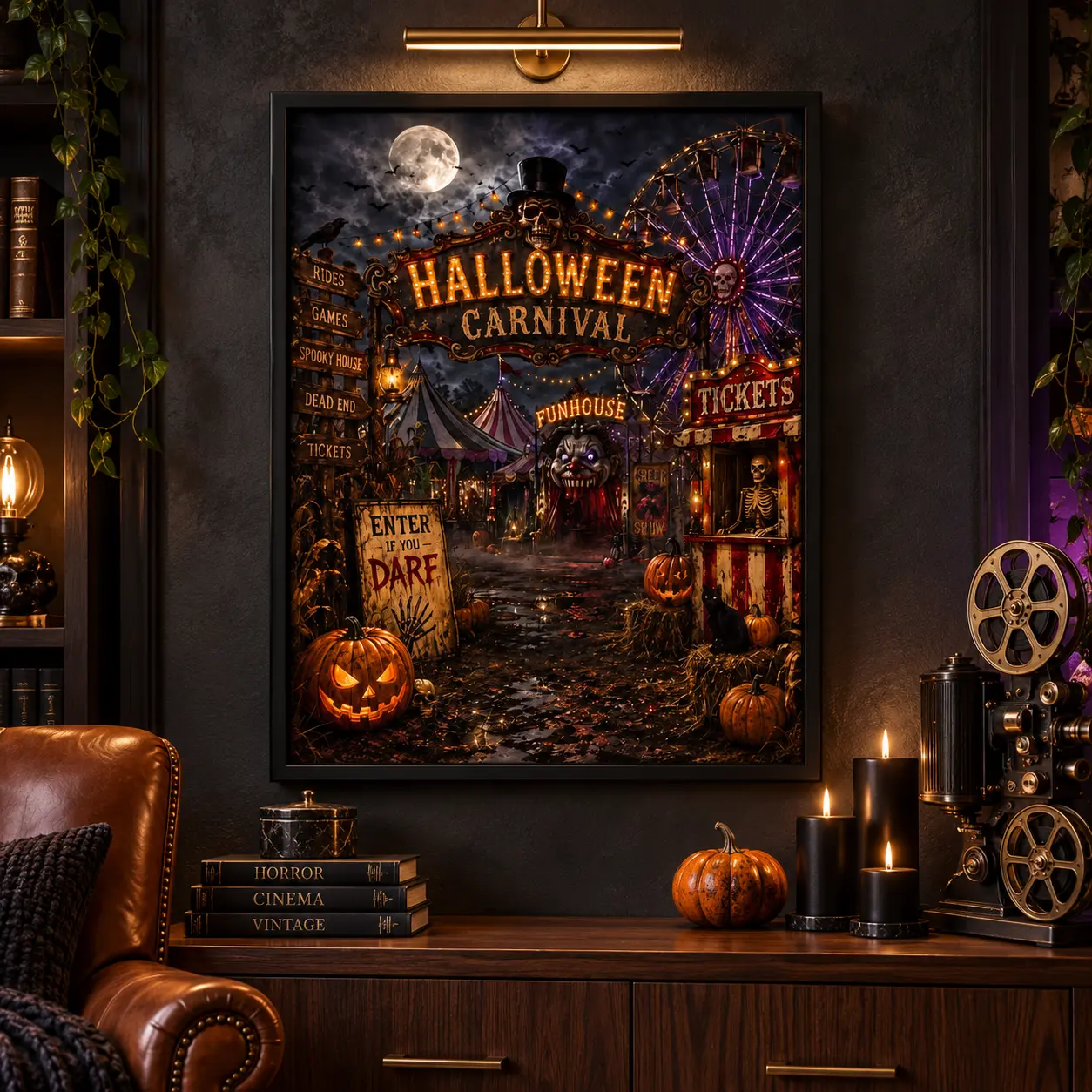 Halloween Carnival Wall Art, Vintage Haunted Amusement Park Poster with Ferris Wheel, Skeletons and Pumpkins for Living Room, Entryway and Haunted House Decor