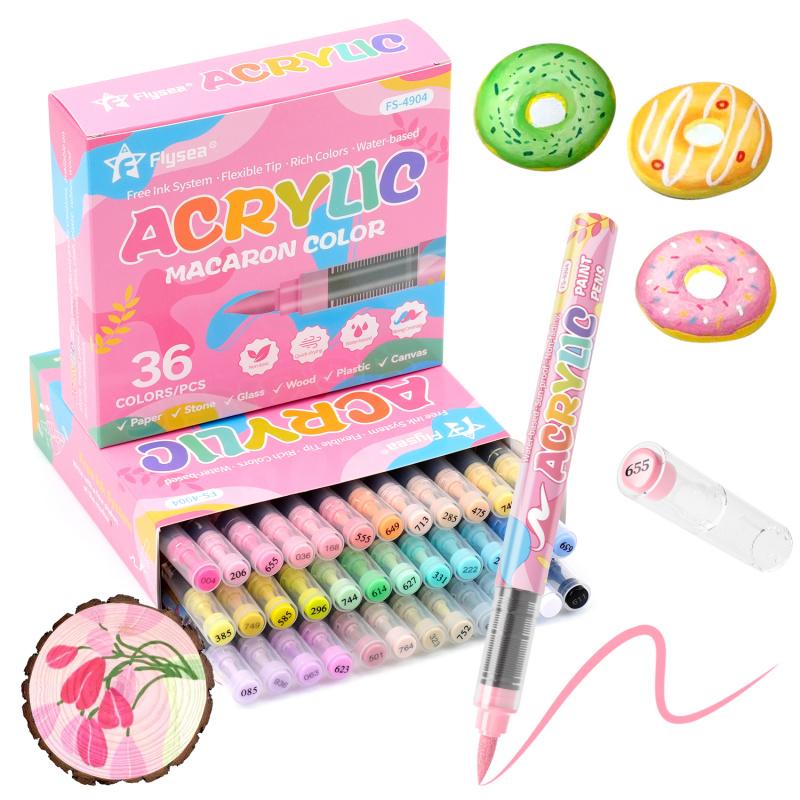 Acrylic Paint Markers,Macaron Series Set,Soft Brush Tip Water Based, Straight liquid Markers for Wood, Canvas, Rock Painting, Glass, Diy Crafts, Fabric Paint, Acrylic Drawing Markers