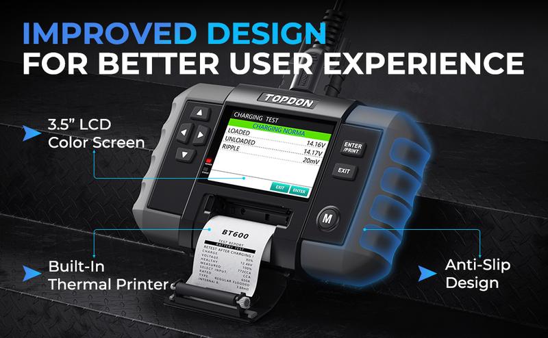 TOPDON BT600 Car Battery Tester 12V/24V Cranking Tests and Charging Alternator Load 100-2000CCA Digital Battery Voltage Tester, 3.5" Screen with Built-in Printer