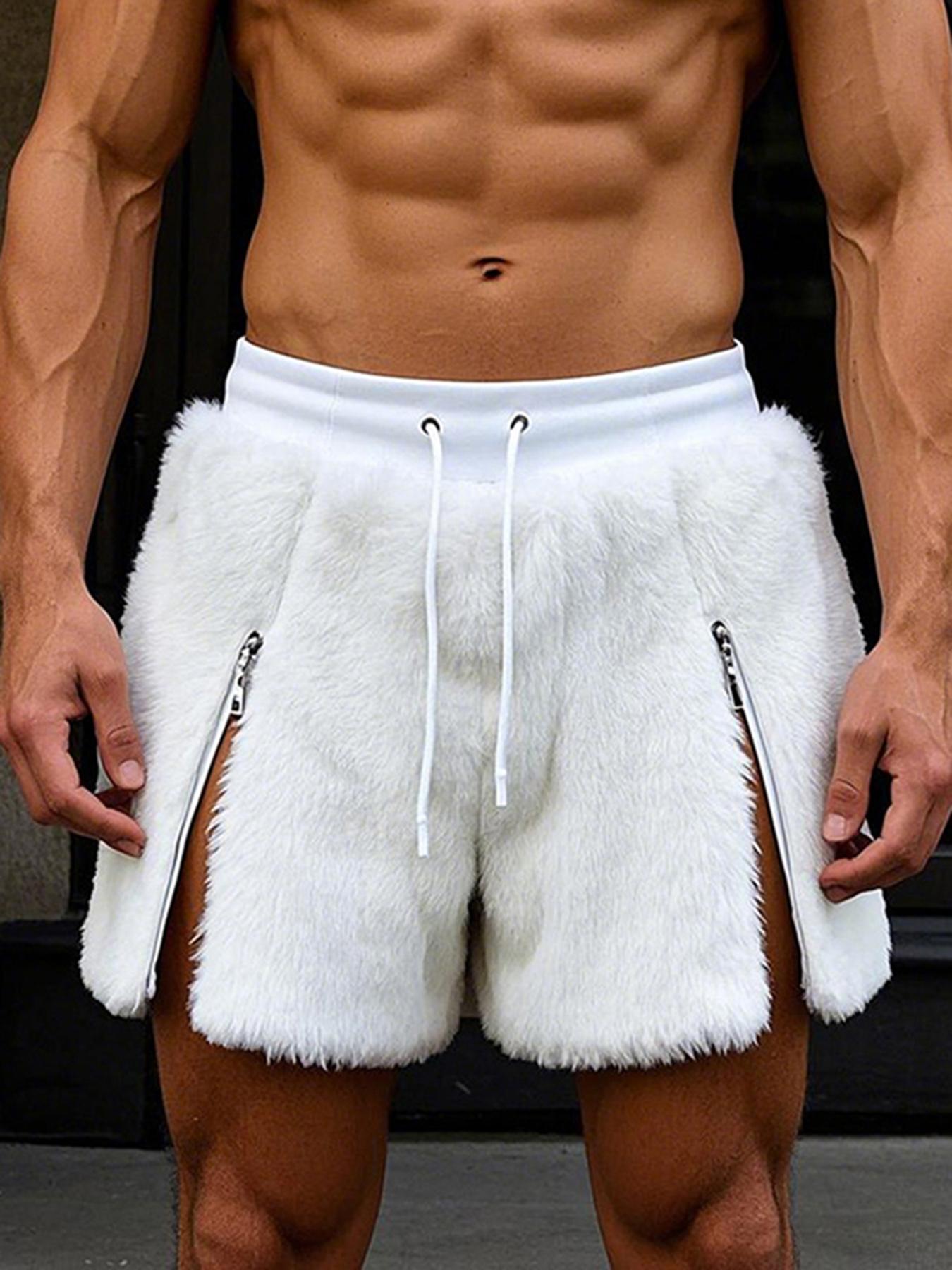 Men's Solid Drawstring Plush Dual-Zip Soft Shorts, Casual Loungewear Comfy Elastic Waist Shorts for Summer, Streetwear Fashion Menswear Men's Bottoms for Daily Wear