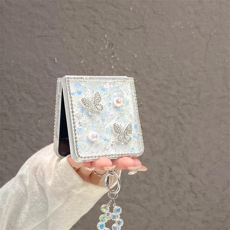 Luxury 3D Butterfly Diamond Shell Pattern Phone Case For Samsung Galaxy Z Flip 3 4 5 6 7 FE With Wrist Chain Shockproof Cover