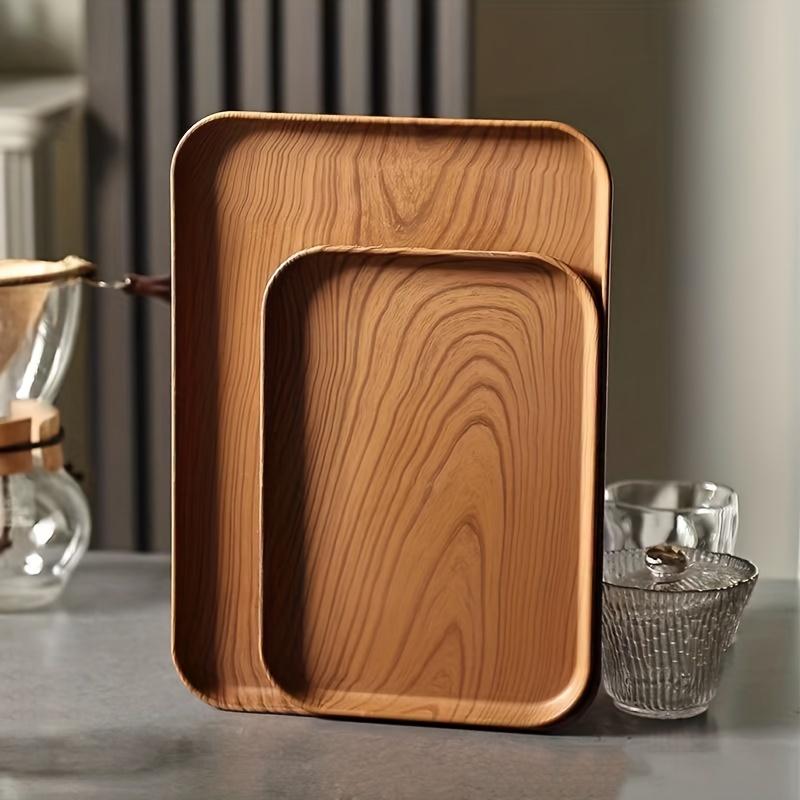1pc, Tea Cup Tray, Plastic Rectangle Coffee Tray, Plastic Wooden Pattern Dessert Tray, Decorative Fruit Tray,Breakfast Food Tray, Multifunctional Snac, Kitchenware