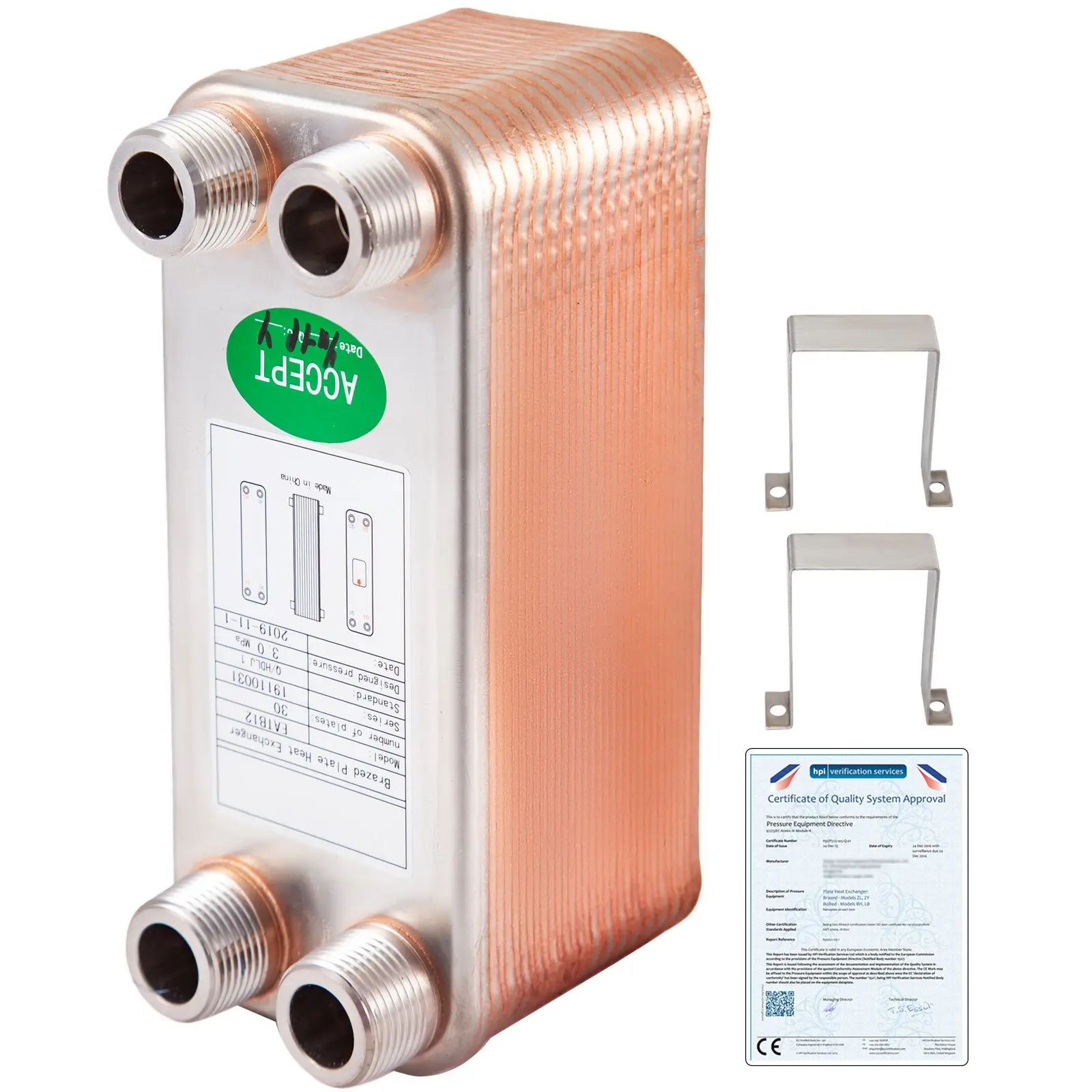 VEVOR Heat Exchanger 3\"x7.5\" 30 Plates Brazed Plate Heat Exchanger 316L 3/4\" MPT Heat Exchanger B12-30 Beer Wort Chiller for Hydronic Heating
