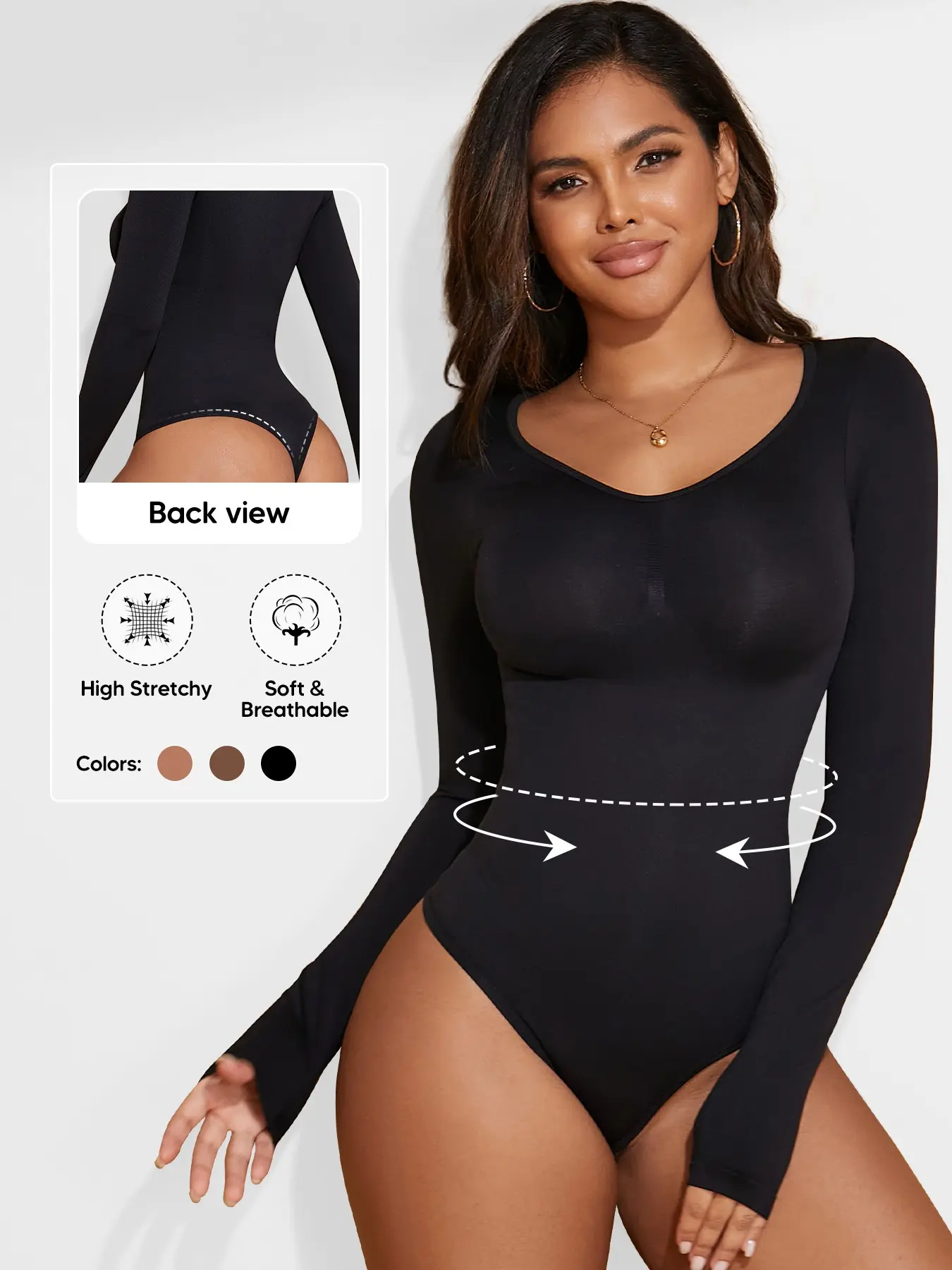 Women's V-Neck Long Sleeve Shapewear Bodysuit, Seamless Tummy Control, Thong Design, Wearable Underwear, All Seasons Minimalist Style