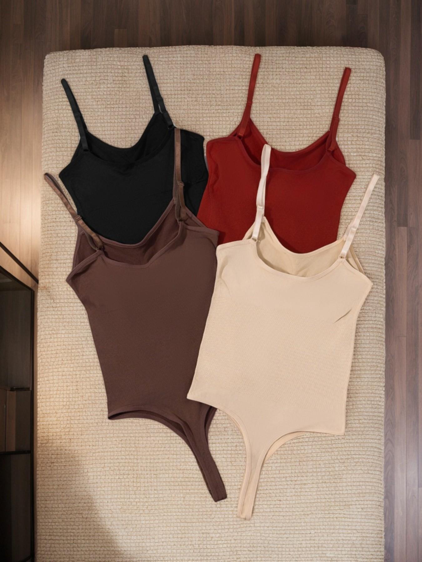 4-Piece Women's Ribbed V-Neck Bodysuit with (Sizes S-XXL) – Adjustable Thin Straps & Multi-Row Back Closure – Black/Wine Red/Brown/Apricot/Green/Blue/Pink – Suitable for Daily Wear, Commute & Layering