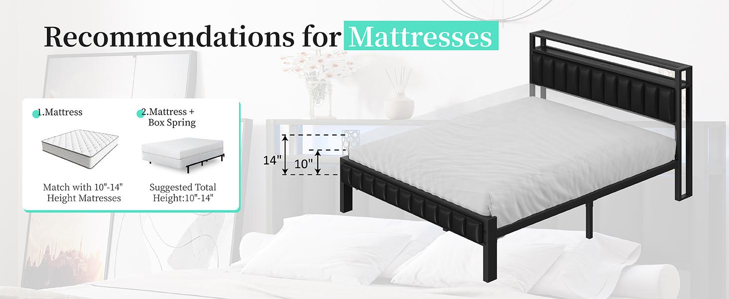VanAcc Metal Bed Frame with  2-Tier Faux Leather Storage Headboard, Modern Platform Bed with Charging Station and LED Lights, No Box Spring Needed