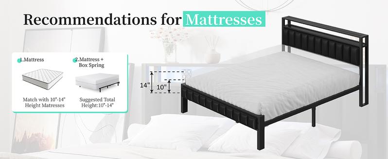 VanAcc Metal Bed Frame with  2-Tier Faux Leather Storage Headboard, Modern Platform Bed with Charging Station and LED Lights, No Box Spring Needed