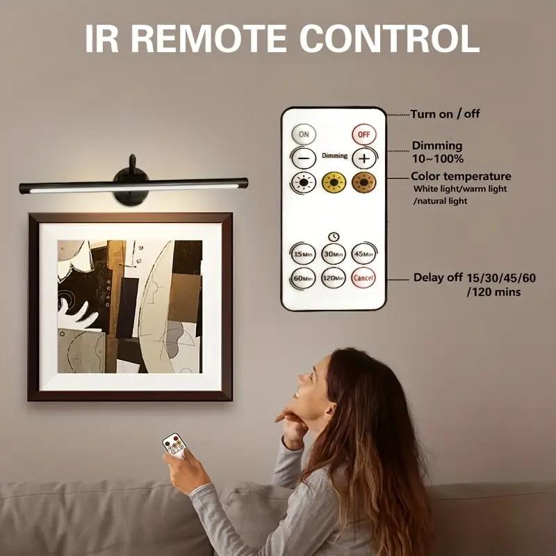 Remote Control Picture Light, USB Rechargeable Wall Lamp, Adjustable Lighting, Timer, Metal Art Lamp for Painting, Display, Gallery