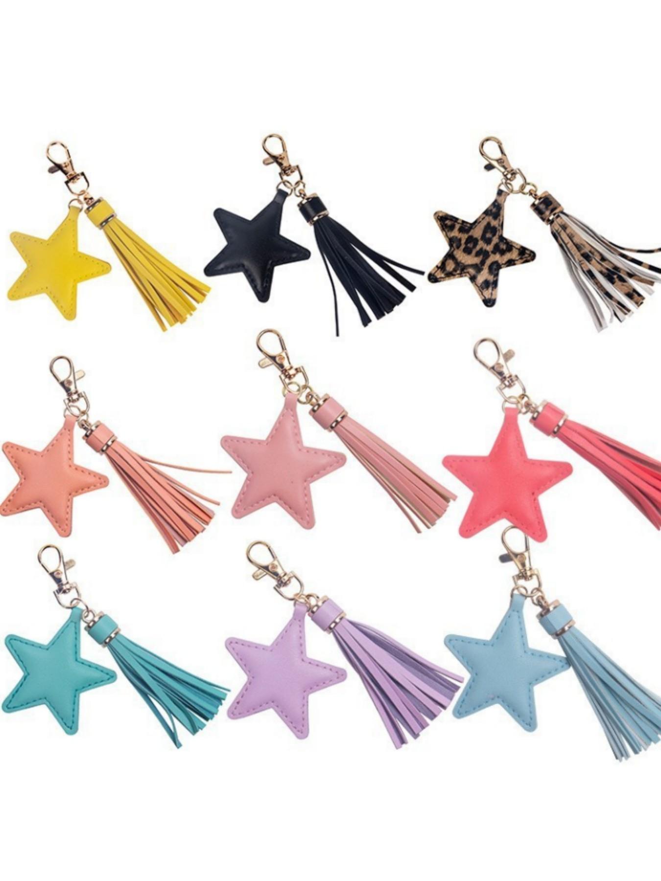 Creative Star Fringe Keychain, PU Leather Leopard Print Car Key Ring, Novelty Bag Accessory, Unique Key Holder for Cars and Bags