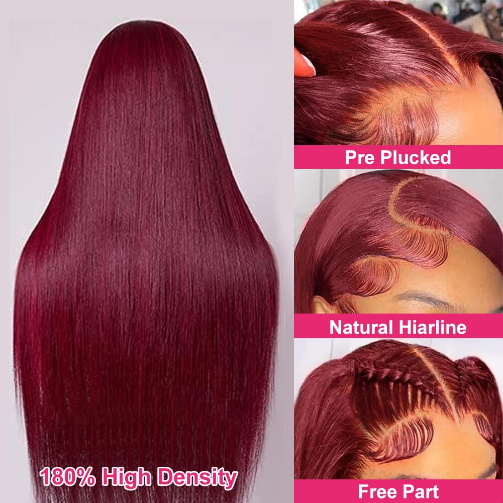 13X4 13x6 HD Burgundy Colored Lace Front Wigs 99j Burgundy Straight Wigs Pre Plucked 180 Density Red Color Wigs for Black Women