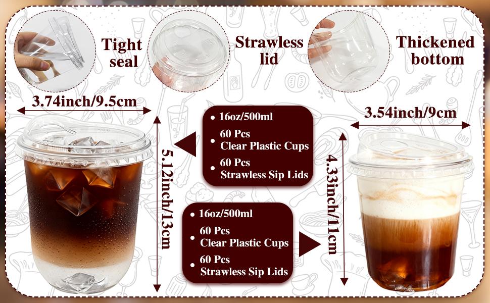 60 Pack Clear Cups with Strawless Sip Lids,16 oz Disposable PET Crystal Iced with Lids,Round Bottom Cup for Iced Coffee Juice Smoothie Cold Beverage Coffee Shops and