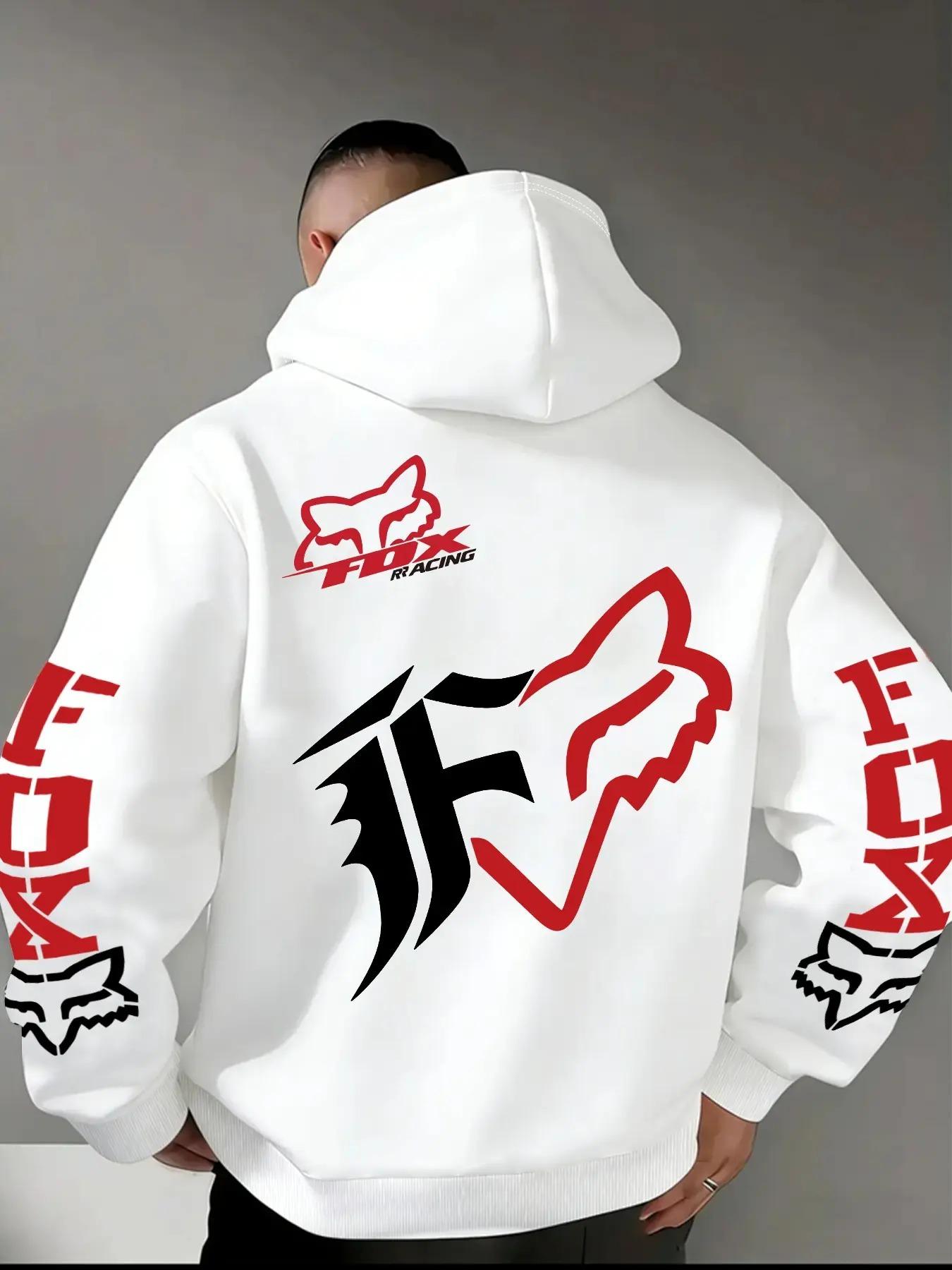 Fox Racing Pattern Hoodie with Eye-catching Red and White Logo Print, Street Style, Suitable for Casual Daily Wear and Outdoor Wear