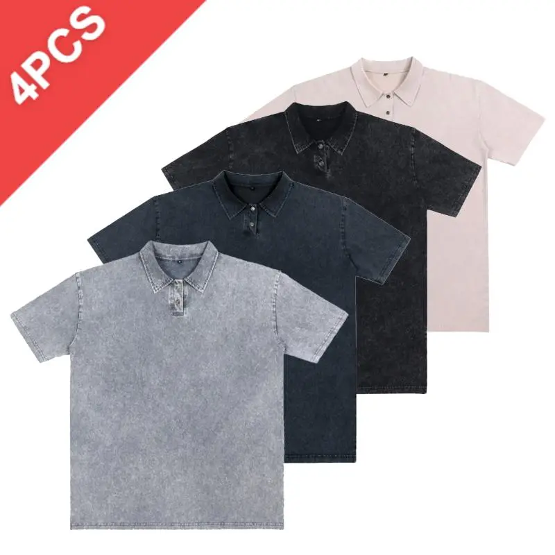 Men's Cotton Washed Collared Polo Shirts (1/4pcs, Black-Dark Blue-Grey-Apricot) - Short-Sleeve Menswear, Relaxed-Fit Breathable Tops for Office, Golf, Everyday Wear